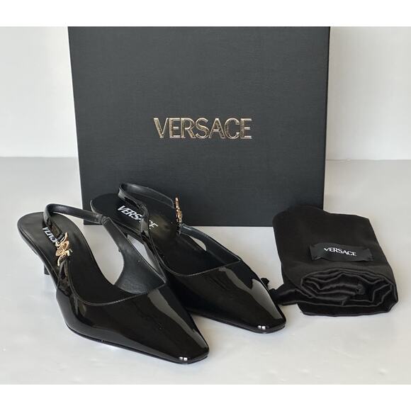 Versace Sling Back Patent Leather Shoe Black 10 US (40 Euro) 1012579 IT NIB $875 - Picture 1 of 16